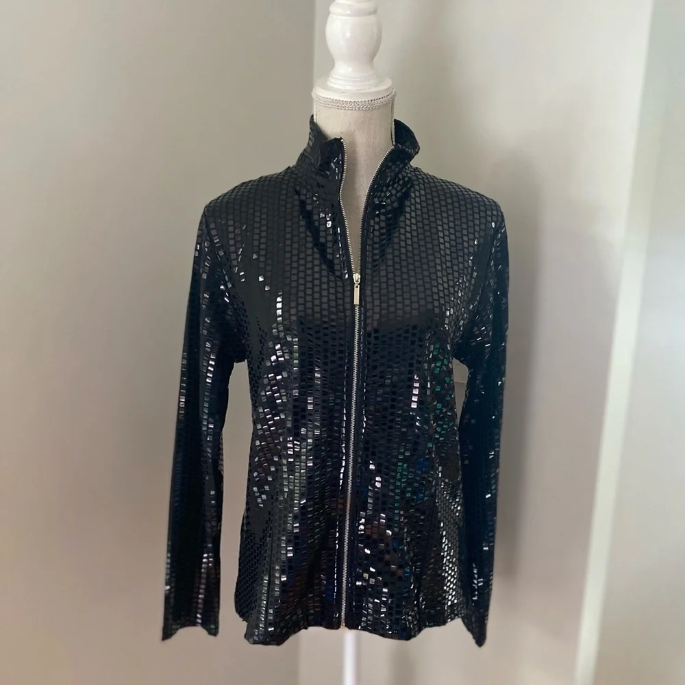 Erin London Black Zip Shimmery Square Print Jacket - Picture 1 of 6